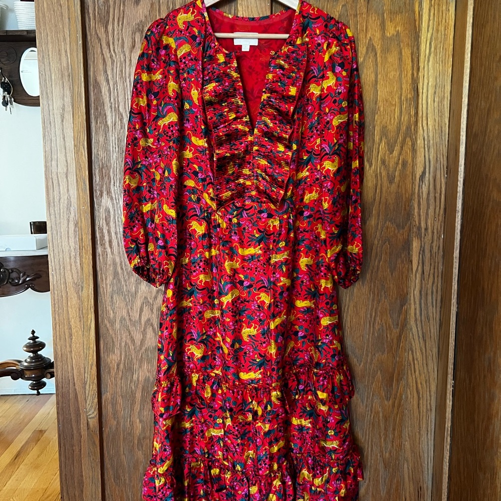 J.Crew Collection Red Silk Jungle Cat Ruffle Dress
